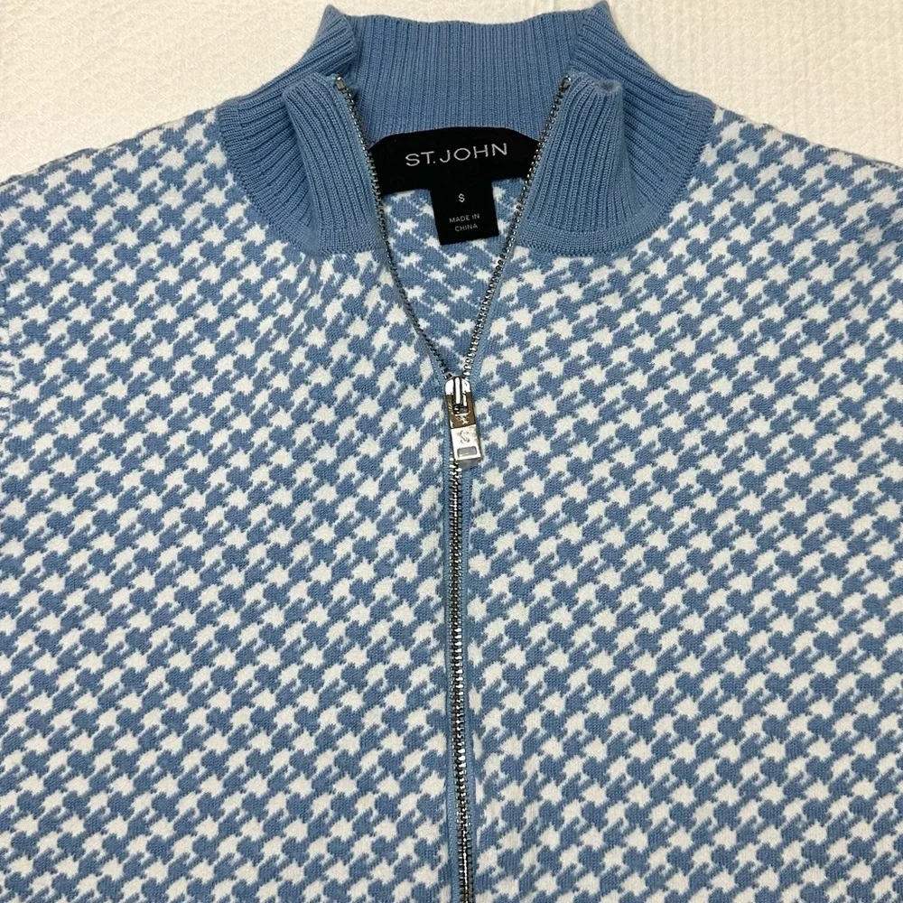 ST.JOHN Houndstooth Zip-up Wool Blended Cardigan Knit - Light Blue SMALL - Picture 4 of 7